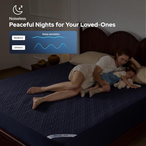 Image of BEDLORE Waterproof Mattress Protector, King Size Mattress Pad with Deep Pocket 6 inch-18 inch Depth, Soft Dirt-Proof Double Bed Mattress Cover for Bedroom, College Dorm, Hotel (Navy Blue)
