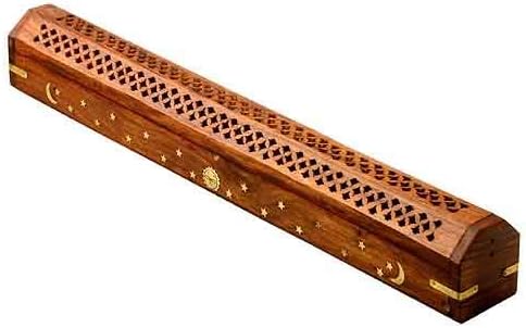 19” Long Dual Incense Holder for Sticks & Cones, Large Handcrafted Wood and Brass Ash Catcher with Storage, Gothic Home Decor for Meditation, Yoga, Altar, Antique, Witchy Decor (Natural Wood)