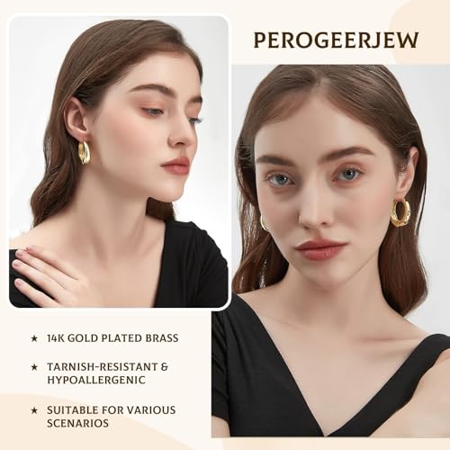 PerogeerJew 14K Gold Plated Hoop Earrings for Women Trendy, 30MM Medium Thick Costume Gold Chunky Womens Earring Hoops Non Tarnish Jewelry Gifts — view 2