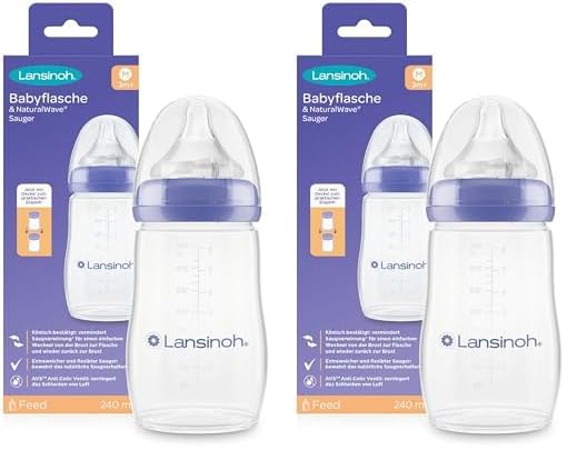 Lansinoh Babyflasche mit NaturalWave Sauger Gr. M, 240 ml - neues kompaktes Design für verbesserte Stabilität - mit stapelbarem Deckel (Packung mit 2)