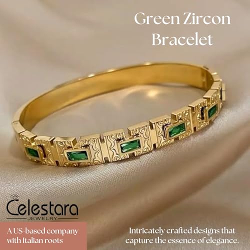 Green Zircon Bangle Bracelet - 18K Gold-Plated Vintage European Design - Stainless Steel Charm Bangle for Women - Designer Jewelry Gift Box2