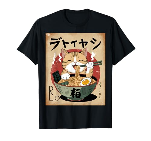 Adorable Gato Ramen Fideos Amante Divertido Anime Camiseta