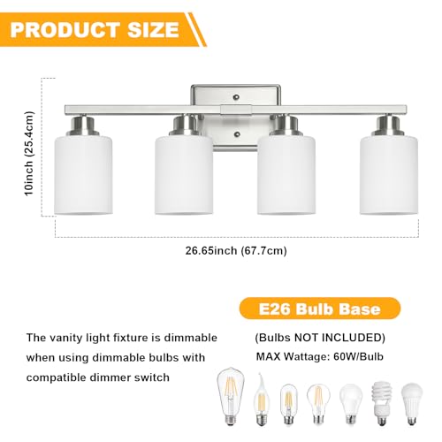 Image of Unicozin 4-Light Bathroom Light Fixtures, Modern Brushed Nickel Vanity Light Over Mirror, Wall Sconces with Milky White Glass Shades for Living Room Bedroom Hallway E26 Base