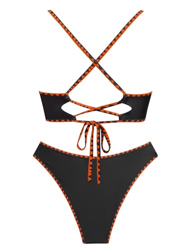 Image of ZAFUL O Ring Bikini Sets for Women Lace Up Swimsuits High Cut Swimwear Contrast Stripe 2 Piece Bathing Suits