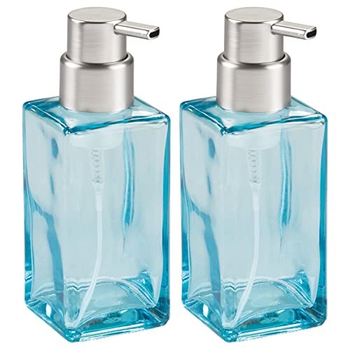 mDesign Glass Refillable Foaming Hand Soap Dispenser Modern Square Pump Bottle for Bathroom Vanities or Kitchen Sink, Countertops - 2 Pack - Blue/Brushed
