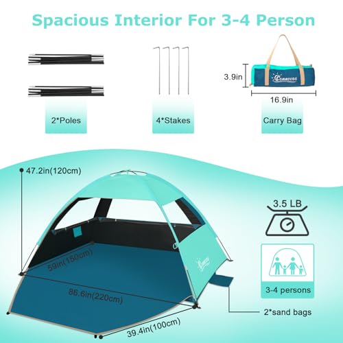 Image of COMMOUDS Beach Tent Sun Shade for 3 /4-5 /6-7 /8-10 Person, UPF 50+ Beach Sun Shelter Canopy Tent, Lightweight, Easy Set Up and Carry