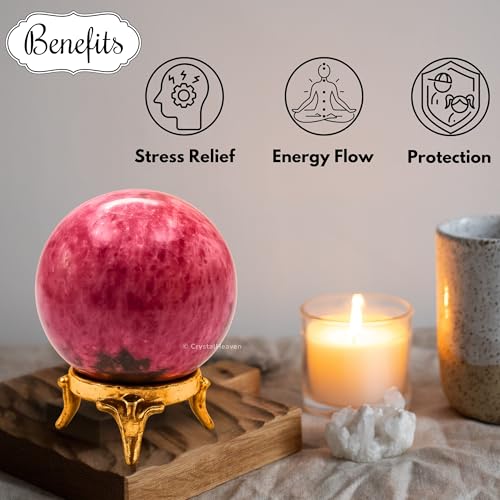 Image of Certified Rhodonite Crystal Ball for Meditation - Premium Crystal Vastu Items for Home and Feng Shui Items for Good Luck - Ideal for Pooja Supplies and Spiritual Practices (1.5 inch Inch)