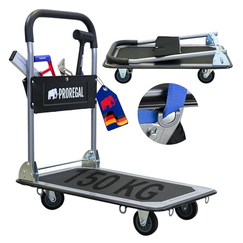 PROREGAL Profi-Plattformwagen Transportwagen Rhino 150kg klappbar mit Gummiräder, 360° Lenkrollen & Bockrollen mit Feststellbremse, mit Werkzeugtasche & 6 Sicherungsösen, Transporthilfe groß & leicht