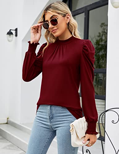 Image of LUYAA Puff Long Sleeve Shirts for Women Tops Dressy Casual Frill Mock Neck Smocked Cuffs Blouses