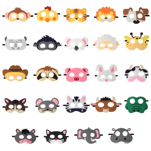 BATHRINS Lot de 24 masques d'animaux en feutre pour cosplay, carnaval, Halloween, jungle, accessoires de fête à thème