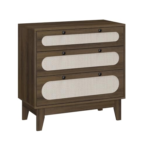 Cómoda pequeña de 3 cajones de madera de ratán y mesa auxiliar de roble 2