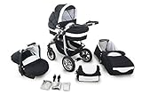 CORAL 3in1 Kinderwagen Travelsystem Lieferumfang: Universal Alu-Stahl Klappgestell mit großem Einkaufskorb / Babywanne Aufsatz mit Matratze und Fußabdeckung / Babybuggy Aufsatz mit Winterfußsack und abnehmbaren Sicherheitsbügel / 0+ Auto Babyschale mit 3-Punkt Gurt und Fußabdeckung / große Wickeltasche / 2 x Regenhaube / Moskitonetz / Wickelunterlage / Flaschenhalterung