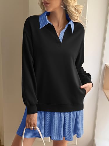 Wenrine Womens Oversized Sweatshirt Dress Casual Long Sleeve Collared V Neck Patchwork Loose Mini Dresses4