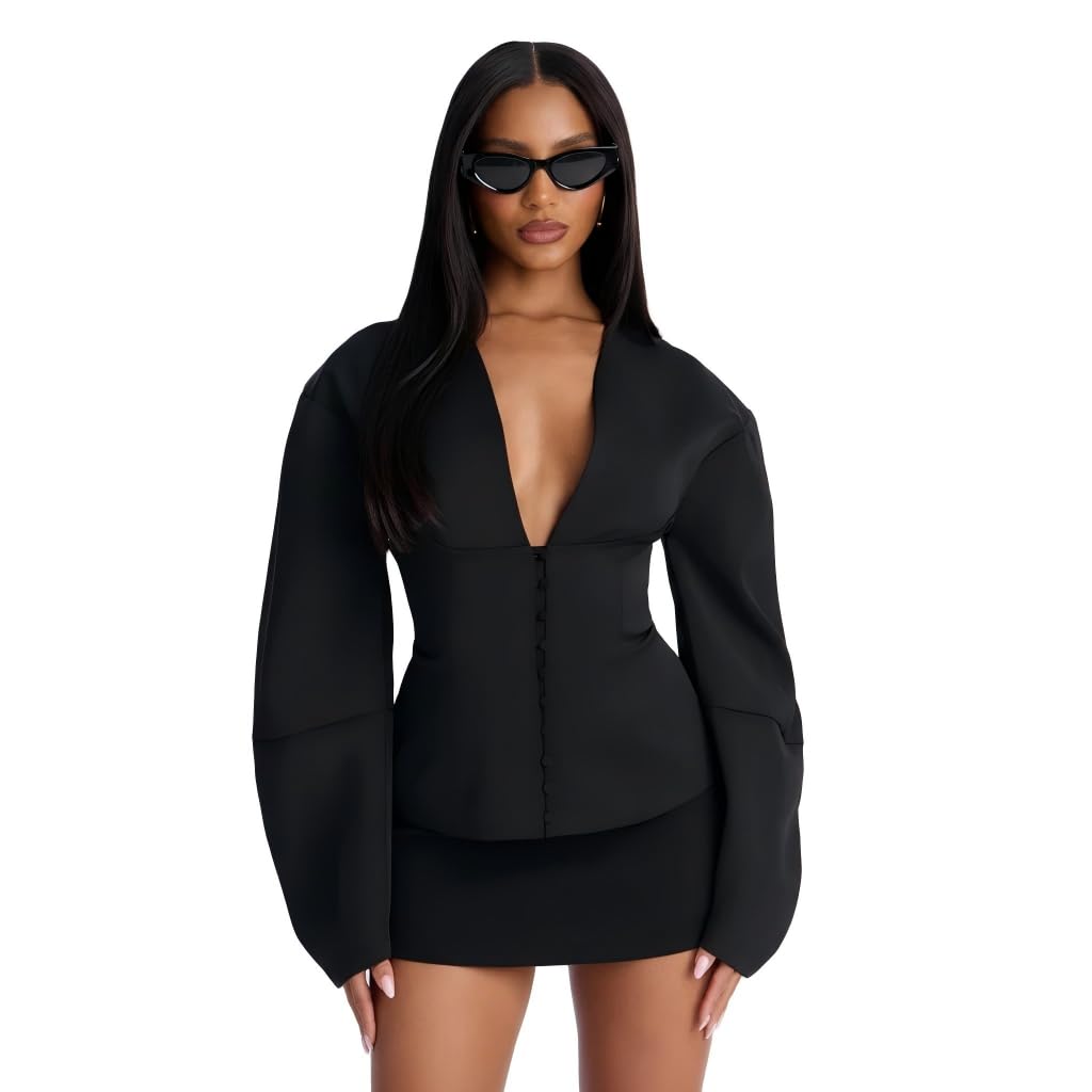 Womens Office Bubble Long Sleeved Padded Shoulder Deep v-Neck Front Button Business Casual Jacket Suit Jacket