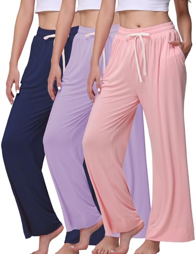 Image of Veseacky Women's Loose Fit 3 Pack Lounge Pants-Comfortable Wide Leg Sleep Pj Bottoms with Pockets(Pink,Lightpurple,Navyblue,XXL)
