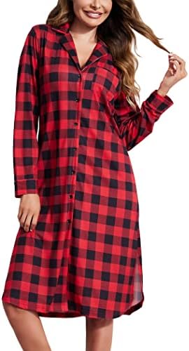 FINRJO Women's Cotton Nightgown Long Sleeve Plaid Nightshirt Button Down Loungewear Sleepshirt L