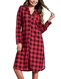 FINRJO Women's Cotton Nightgown Long Sleeve Plaid Nightshirt Button Down Loungewear Sleepshirt L