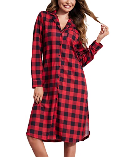 Finrjo Women's Cotton Nightgown Long Sleeve Plaid Nightshirt Button Down Loungewear Sleepshirt L #TOP19