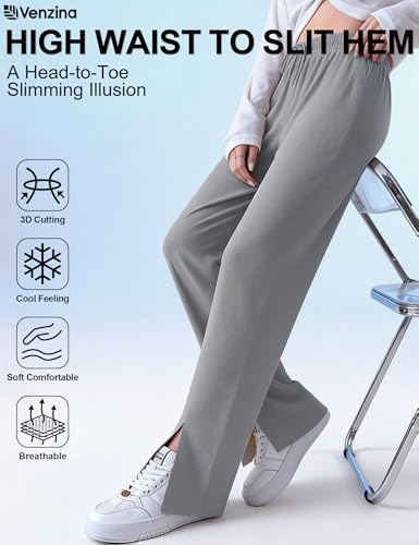 Image of Venzina Track Pants for Women Joggers Pants for Women Cool Touch High Waisted Wide Leg Summer Palazzo Pants with Side Slit Slimming Breathable for Yoga Workout Travel