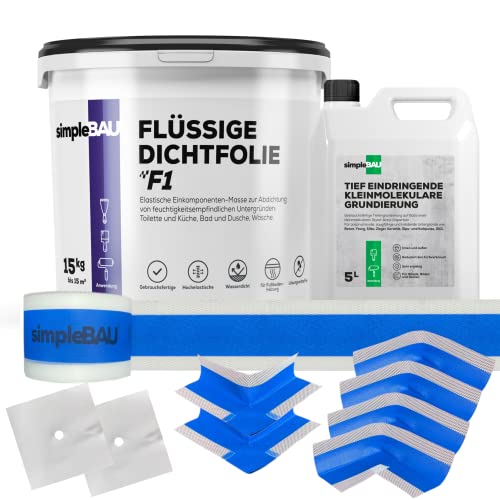 simpleBAU FLÜSSIGE DICHTFOLIE F1 15 kg+ Tief eindringende, kleinmolekulare Grundierung 5L + 15m Dichtband + 4 Innenecken + 2 Außenecke + 2 Wandmanschetten Cover