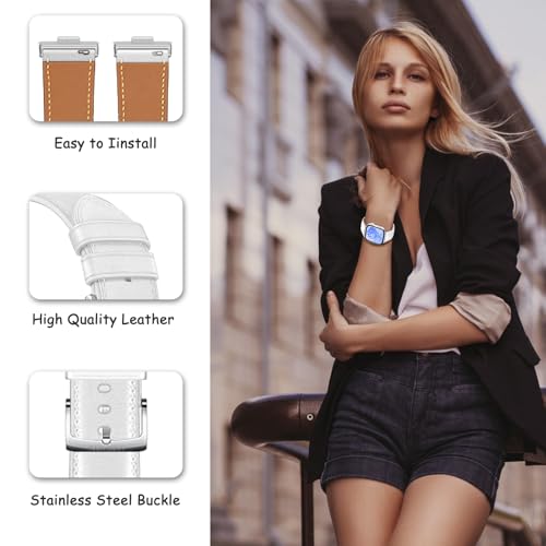 WoPail Leather Strap for Huawei Watch Fit 3, Women Men No Gap Soft Genuine Leather Strap with Stainless Steel Buckle Replacement Band Wear-resistant breathable for Huawei Watch Fit 3 - White - Image 2