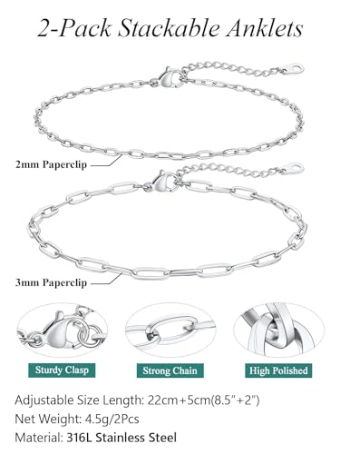 Image of FaithHeart Waterproof Ankle Bracelets for Women, 1 /2 /3Pcs Non Tarnish Stainless Steel Layered Anklet Set Paperclip Figaro Cuban Link Chain Dainty Summer Beach Jewelry Gift Adjustable Size