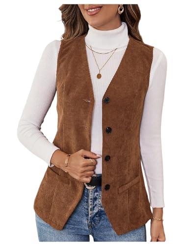 WDIRARA Women's Button Down Corduroy Vest V Neck Sleeveless Tank Tops Vintage Outerwear