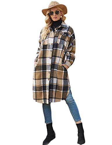 PUWEI Women's Casual Lapel Button Down Long Plaid Shirt Coat Tartan Shacket Jacket2