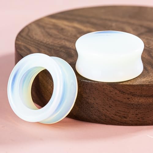 Opal Ear Gauges Set (00G-1"), 4 Pack Glossy Solid Plugs & Hollow Tunnels, Synthetic Icy Blue Stone for Sensitive Ears2