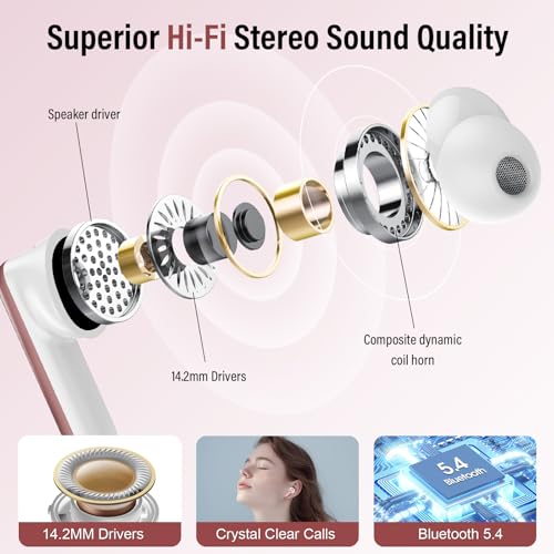Image of Thunelec Wireless Earbuds, Bluetooth 5.4 Headphones with Multifunctional Touch Screen, 48H Bass Stereo Ear Buds with ANC /ENC Noise Cancelling /Transparency Mode, IPX7 Earphones with 5 EQ Modes, Rose