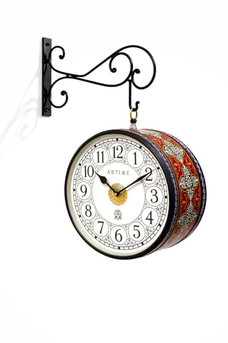 Image of Handcrafted Double Side Metal Analog Vintage Wall Clock | 1.5 Year Machine Warranty | 10 INCHES | 1 Side Number 1 Side Roman,Color (Blue Handprint)