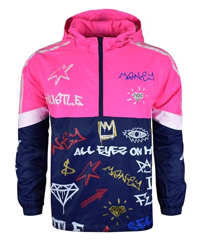 Image of SCREENSHOT Mens Streetwear Windbreaker Jacket - Lightweight Graphic Hoodie, Graffiti Hip Hop Urban Fashion Pullover Top