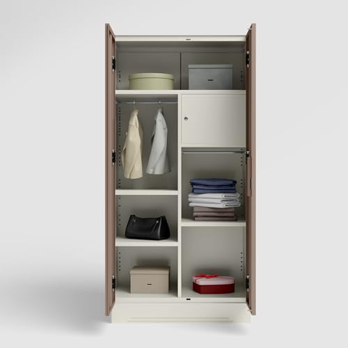 Image of Interio by Godrej Almirah Slimline 2-Door Steel Almirah, Cupboard for Clothes (Alpine White and Portabella Matte), 1-Year Warranty, 1 Locker, 4 Shelves