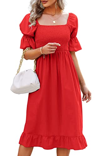 Square Neck Puff Sleeve Smocked Knee Length Dress