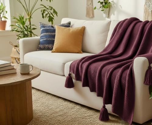 Image of Furnistitchs Plain Solid Knitted Sofa Throw Blanket 50x60 inches / 125x150 cms| Cotton Plain Knit with Tassels | Aesthetic Bohemian Decorative Couch Throws for Living Room & Bedroom (Wine)