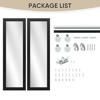 JUBEST 48" x 80" Mirror Closet Door, Preassembled One Side Mirror Door with Hardware Kit & Matching Fascia, Solid Wood Frame with Water-Proof PVC Surface, Easy to Install, Black