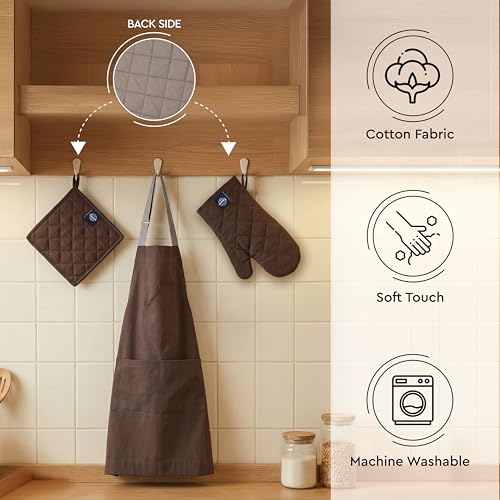 Image of Encasa XO 100% Cotton Apron Set for Women & Men with Adjustable Apron, Oven Gloves & Pot Holder (Pack of 3) Combo, Heat-Resistant, Soft & Durable for Cooking, Baking & Grilling (Dark Taupe & Beige)