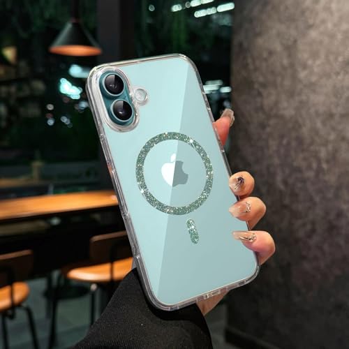 Image of VONZEE Compatible for iPhone 16 6.1'' Case Glitter Ring Cute Shiny Colorful Bling Case (Compatible with Magsafe) Transparent PC+TPU Glossy Shiny Cover for Girls Women,Green