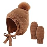 Basic Winter Baby Beanie Gloves Boys Girls Knitted Hat Pompom Kids Earflap Hats Warm Infant Toddler Beanie Mittens Set (0-6 Months, Walnut(Hat+Gloves))
