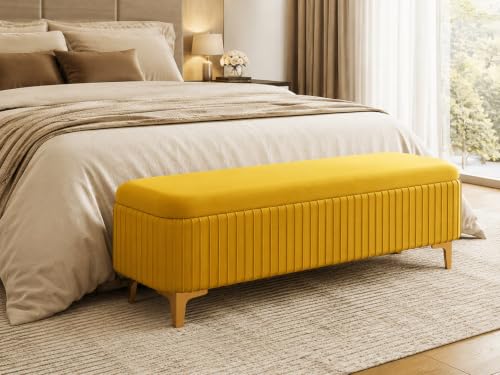 Image of LEGACY OF COMFORT Qwen Velvet Upholstered Flip Top Storage Bench 2 Seater Sofa Upholstered Ottoman Bench with Storage for Living Room, Bedroom (Yellow)