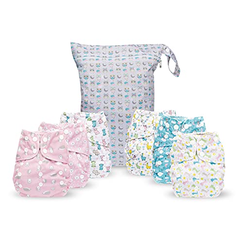 Image of Simple Being Reusable Cloth Diapers, Double Gusset, One Size Adjustable, Washable Soft Absorbent, Waterproof Cover, Eco-Friendly Unisex Baby Girl Boy, six 4-Layers Microfiber Inserts (Girl Animals)
