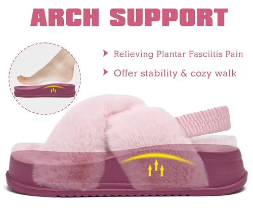 KuaiLu Womens Fuzzy Criss Cross Band Platform Slippers Arch Support Furry Faux Fur Ladies Open Toe Cozy Soft Plush Fleece Comfy House Shoes Sandals3