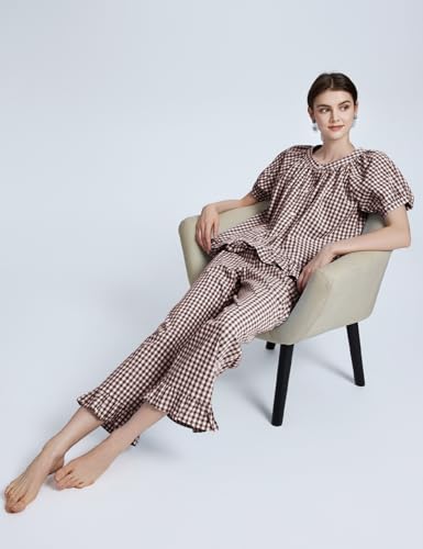 Flygo Womens Plaid 2 Piece Pajamas Sets Gingham Button Down Puff Sleeve Babydoll Shirt Ruffle Pants Y2K Pjs Lounge Set