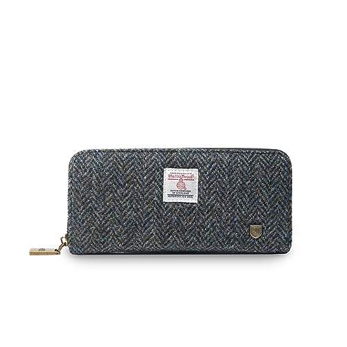 Image of Islander HarrisTweed & PU Leather women's long zip purse, Black&grey Herringbone, Carry Cash & card, Scottish Style