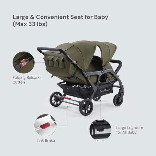 Image of Familidoo H4E Quad Lidoo Lite 4-Seater Stroller Wagon for Kids, Lightweight & Foldable with Reclining Seats, 5-Point Harness, Double Canopy & Rain Cover (Olive)