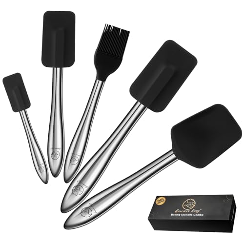 Ensemble de 5 spatules en silicone pour cuisine avec manche en acier inoxydable Spatule en silicone résistante à la chaleur avec cuillère en silicone & pinceau de cuisine pour(Noir)