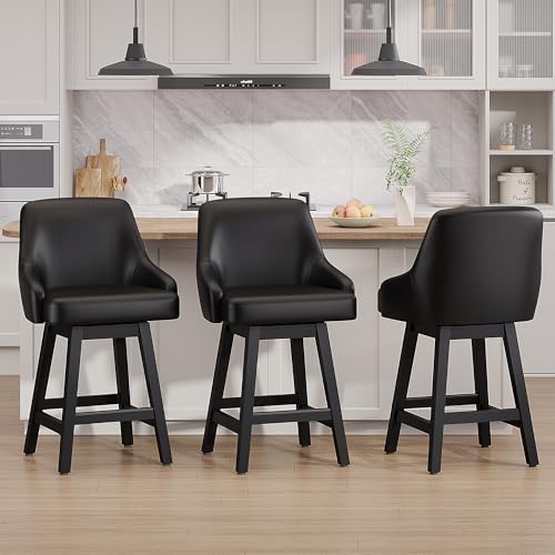 Image of YaFiti Swivel Counter Height Bar Stools Set of 2, 24 inch Modern Faux Leather Barstools with Back, Widen Upholstered Seat, Hardened Wood Legs for Kitchen Counter, Island, Dining Room, Black