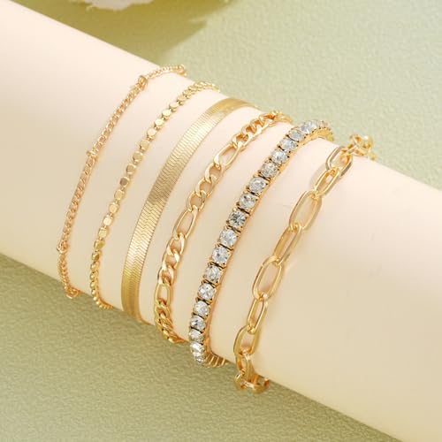 Image of Shining Diva Fashion Gold Plated Bracelet Set for Women & Girls | Set of 6 Trendy Chain Bracelets | Adjustable Layered Bracelet Combo for Daily Wear, Party, Office & Gifting