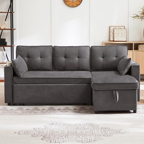 TOBIDOEN Sofá cama en forma de L de 3 plazas con soporte para bebidas y función de dormir, espacio bajo el salón, intercambiable a la izquierda y real, tejido acolchado de algodón y lino (gris)