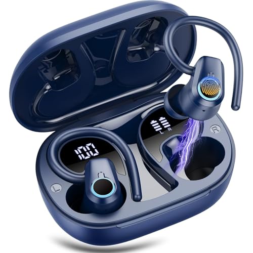 Wireless Earbuds, 2025 Bluetooth 5.4 Headphones Sport with 4 ENC Noise Canceling Mic, 50H Stereo Wireless Earphones with Earhooks, LED USB-C, IP7 Waterproof Bluetooth Earbuds for Gym Running, Navy
